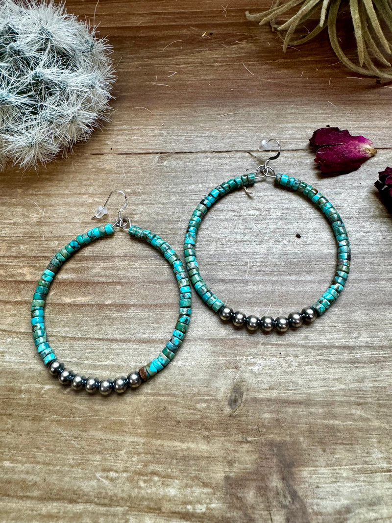 Big Turquoise Hoop Earrings with Sterling Silver Pearls