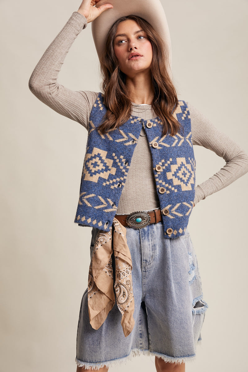 Southwestern Print Vest - Navy