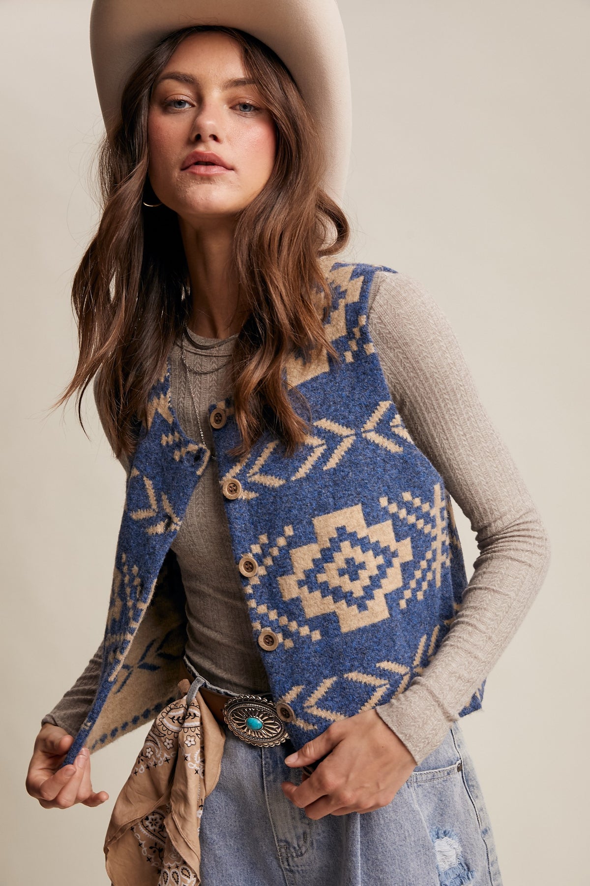 Southwestern Print Vest - Navy
