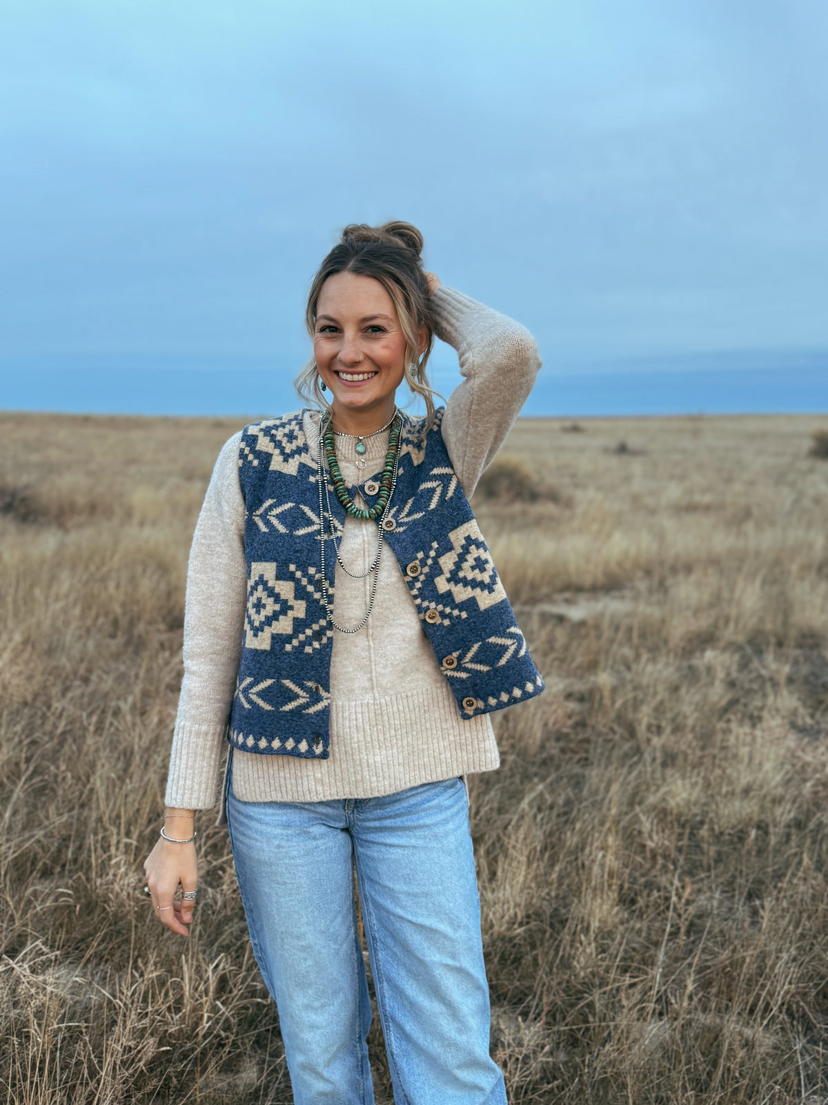 Southwestern Print Vest - Navy