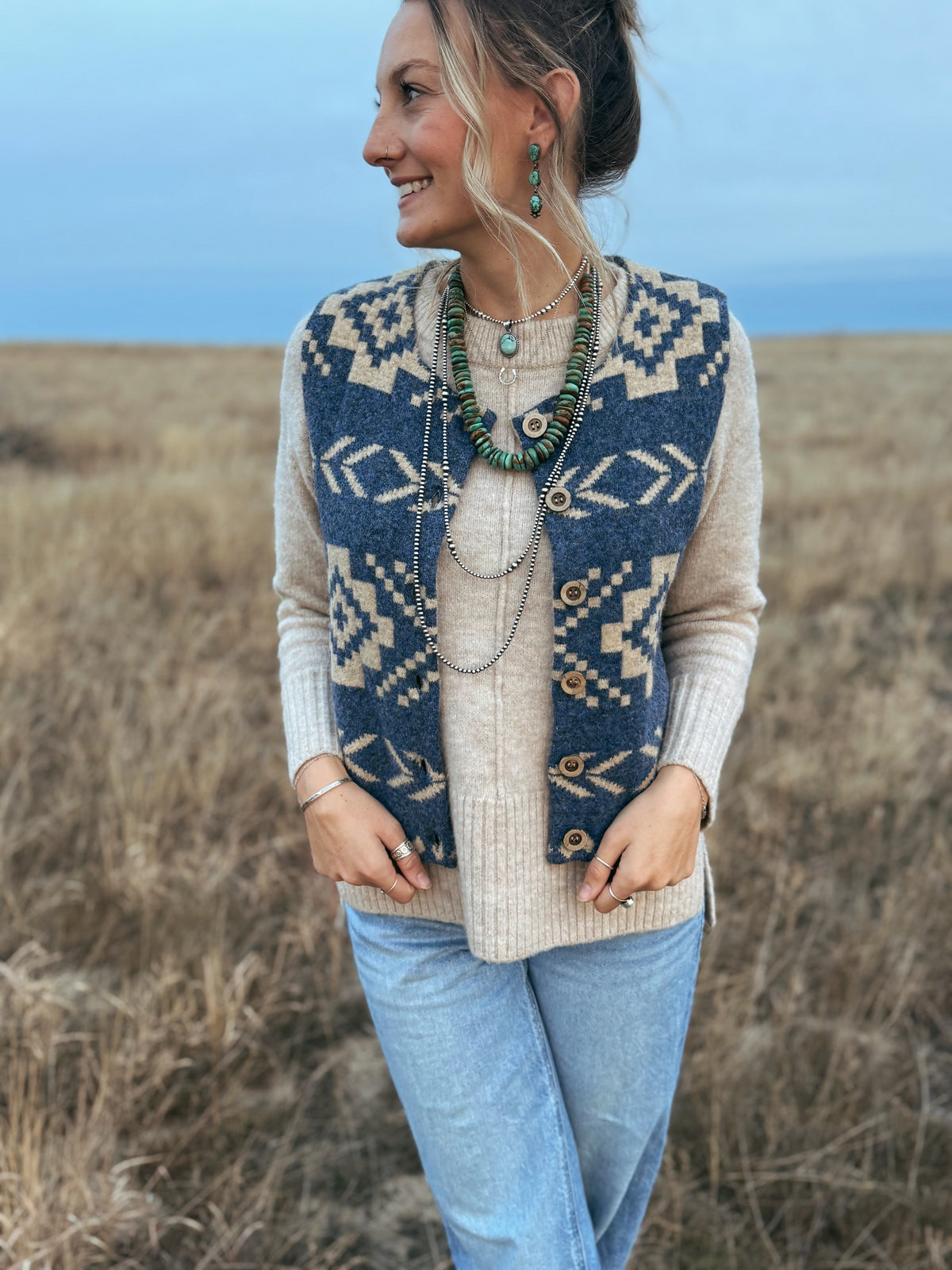 Southwestern Print Vest - Navy