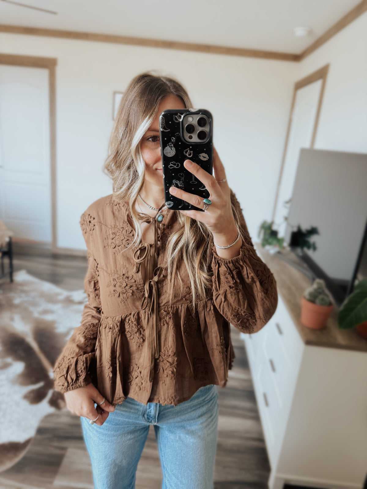 Embroidered Bow Tie Blouse