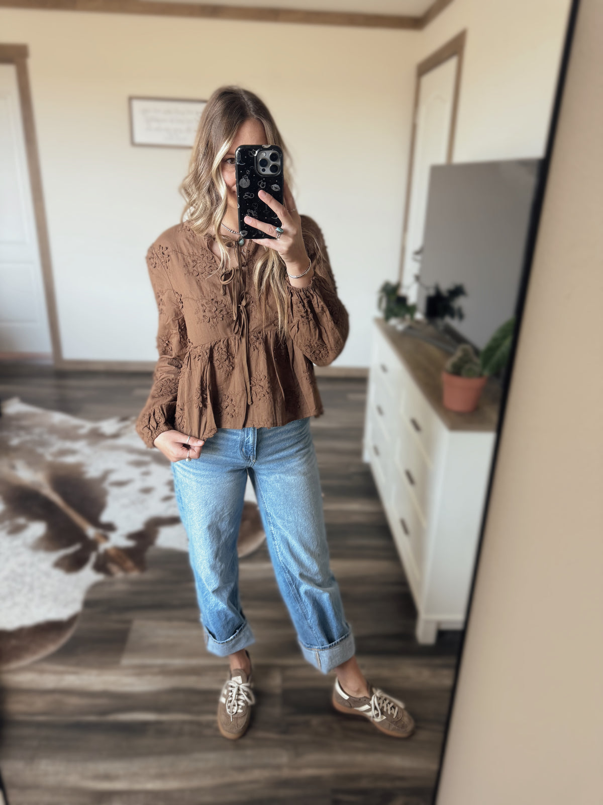 Embroidered Bow Tie Blouse