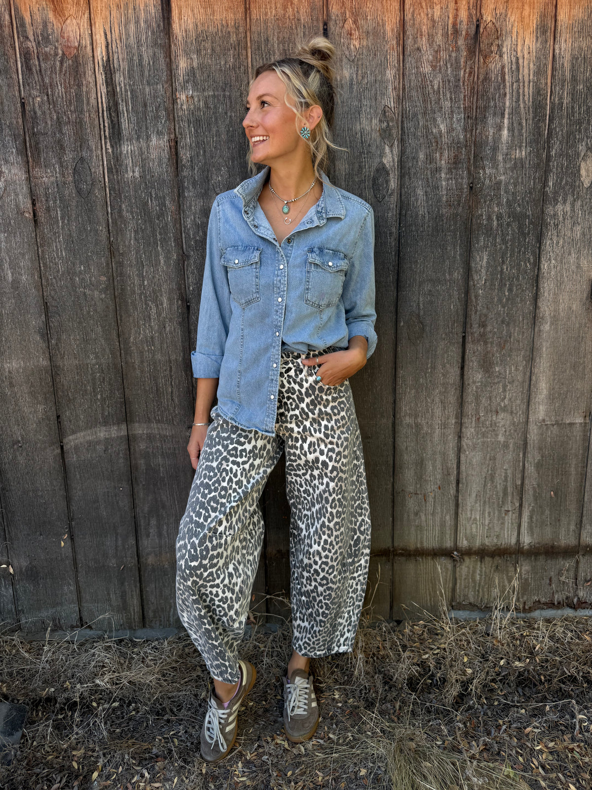 Leopard Print Barrel Jeans