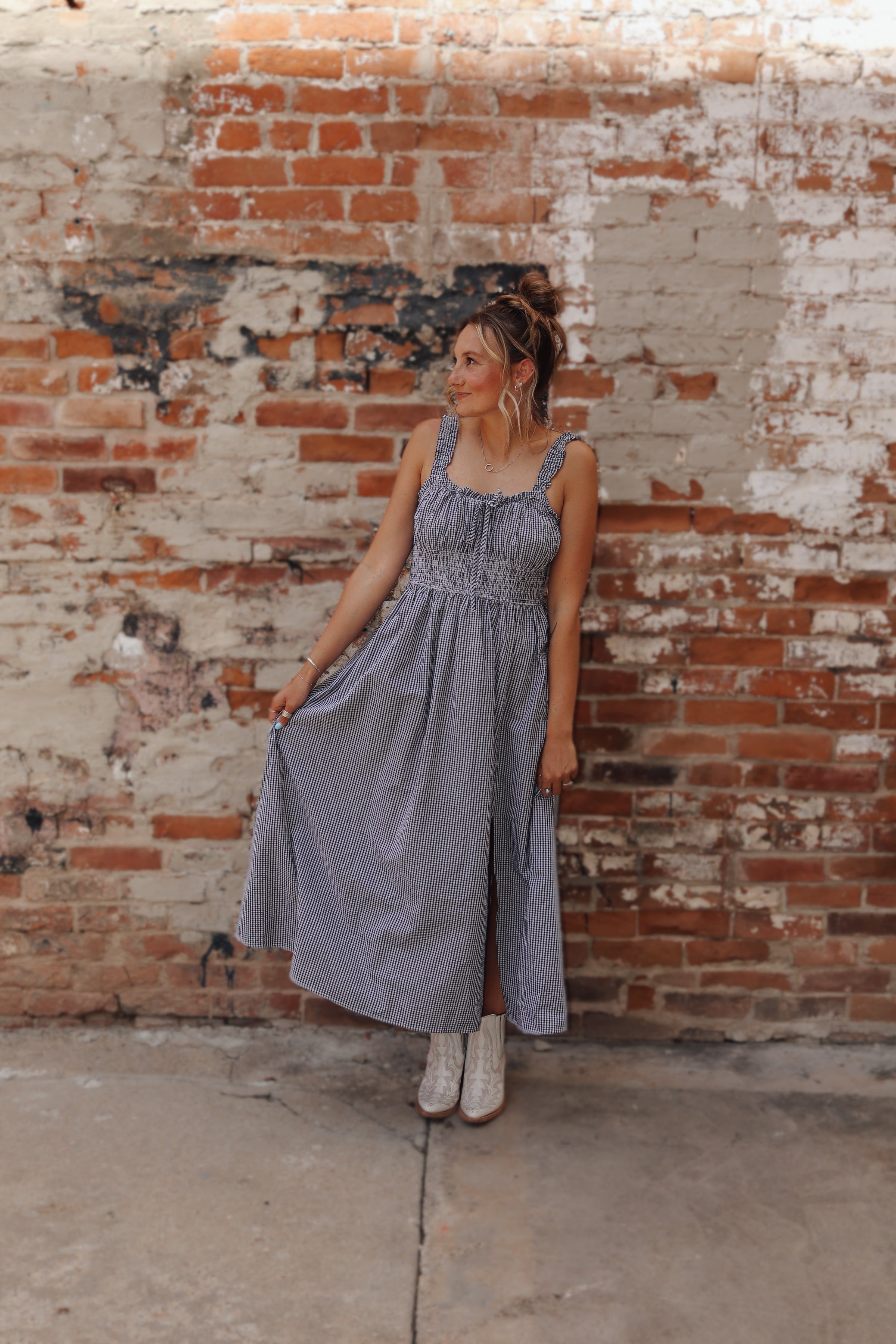 Black Gingham Midi Dress