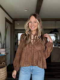 Embroidered Bow Tie Blouse