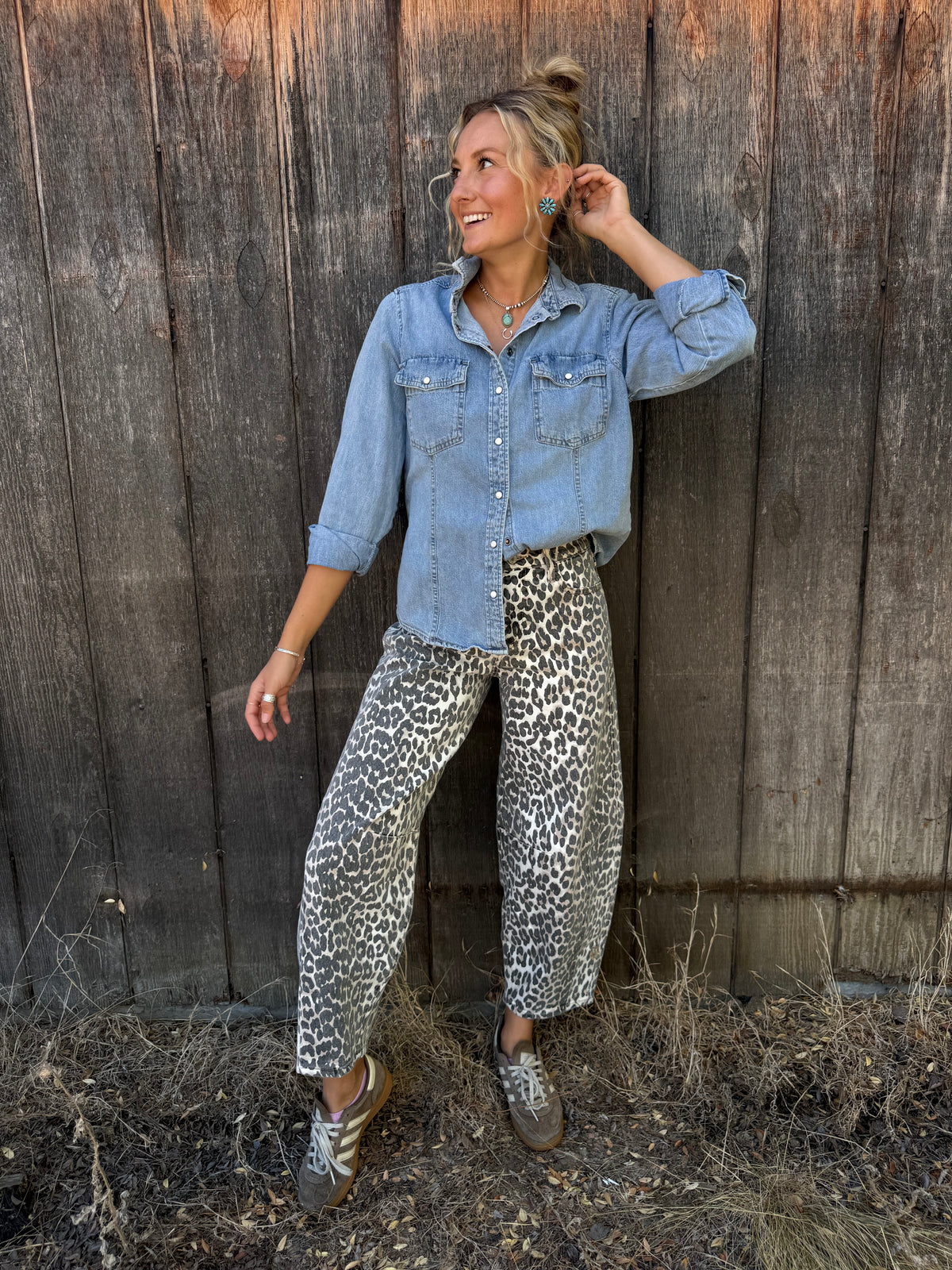 Leopard Print Barrel Jeans