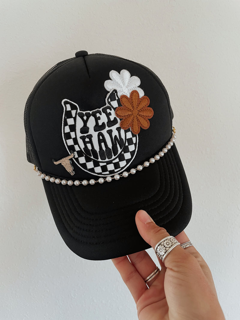 Checkered Yeehaw Trucker Hat (Black)