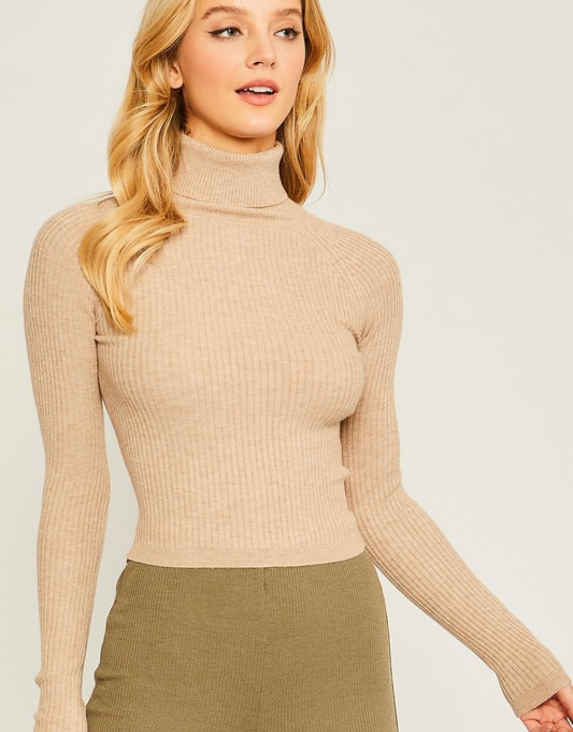Turtleneck Ribbed Long Sleeve - Taupe (Small)